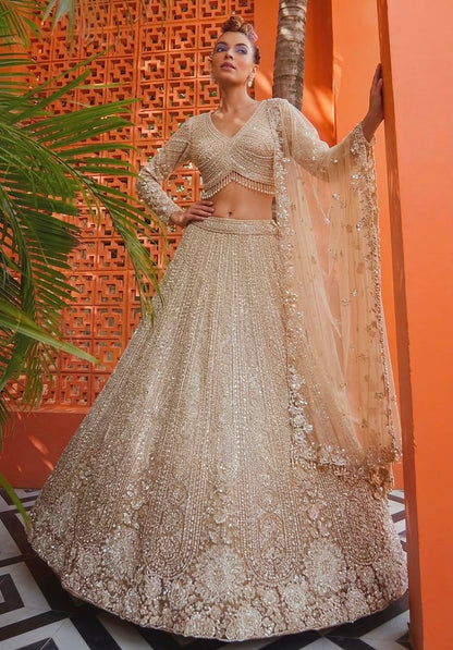 Golden Brown Mustard Double Shade Monotone Crop Top Lehenga