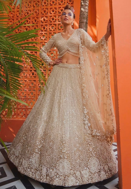 Golden Brown Mustard Double Shade Monotone Crop Top Lehenga