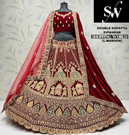 Elegant dark maroon doli barat Velvet bridal Lehenga