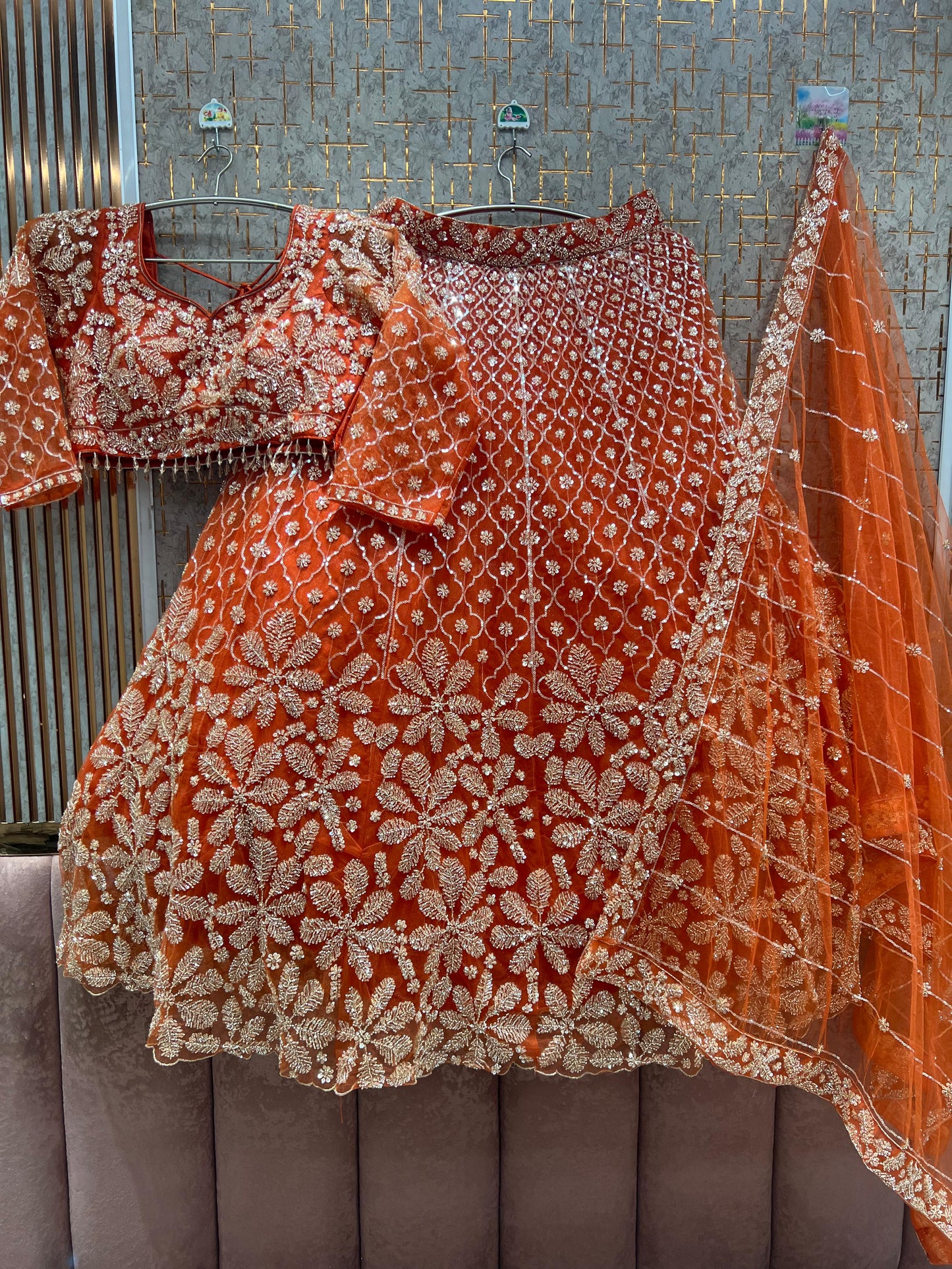 Fantastic Rust Orange Floral Crop top Lehenga