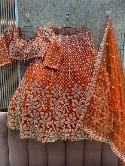 Fantastic Rust Orange Floral Crop top Lehenga