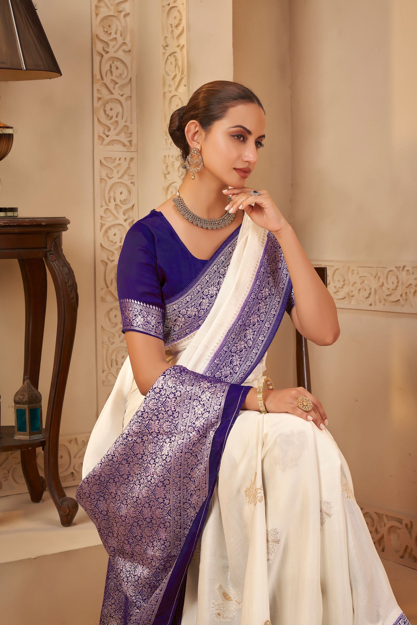 White Purple Mashru Silk Saree 6022