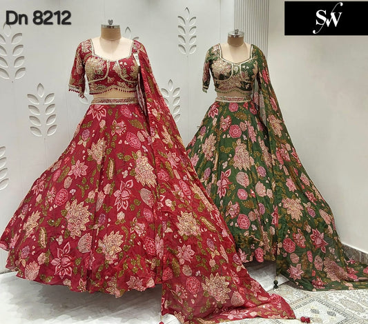 Hot Pink Green Crop Top Lehenga