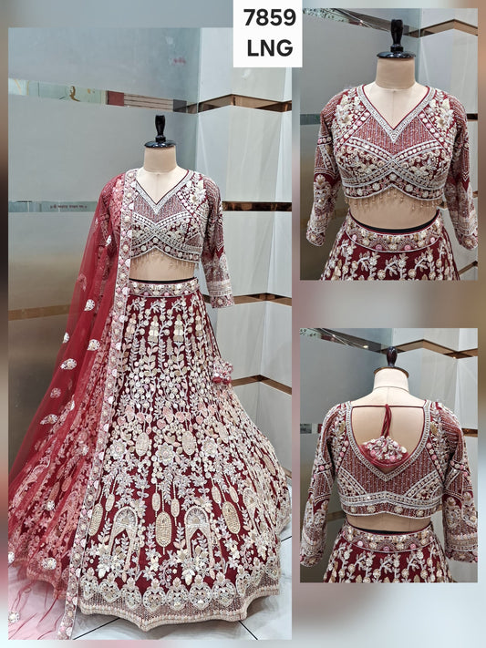 Elegant Maroon Crop Top Lehenga
