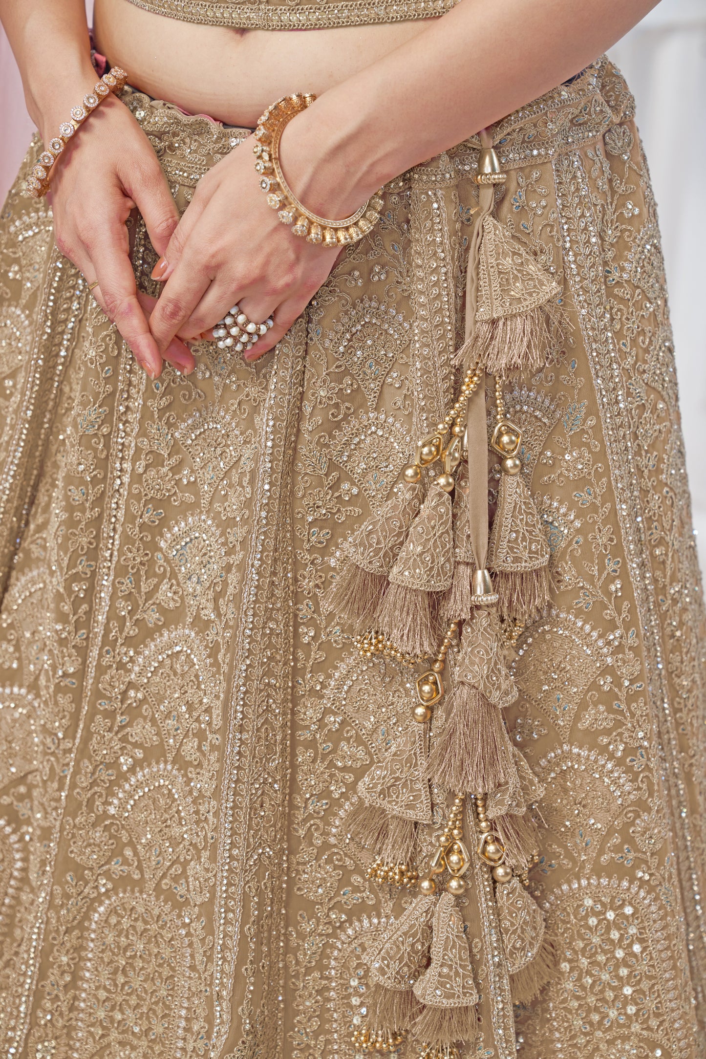Tremendous beige light golden lehenga