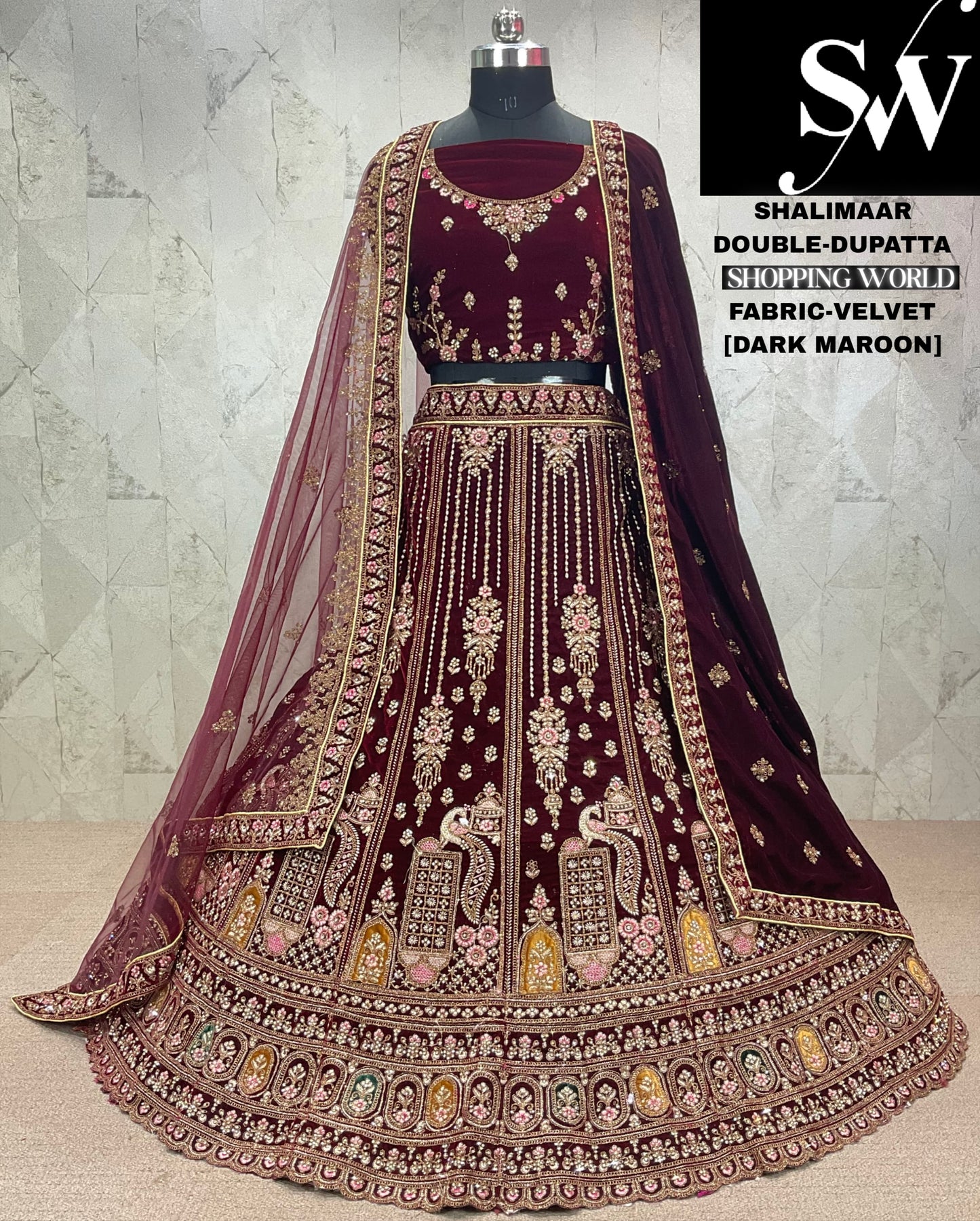 Fantastic maroon peacock Velvet bridal Lehenga