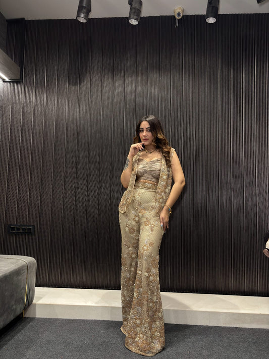 Golden White Jacket pant Sharara dress