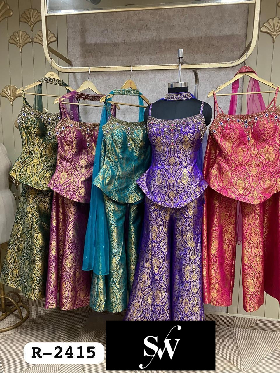 Pink Blue Purple Green Crop Top Lehenga