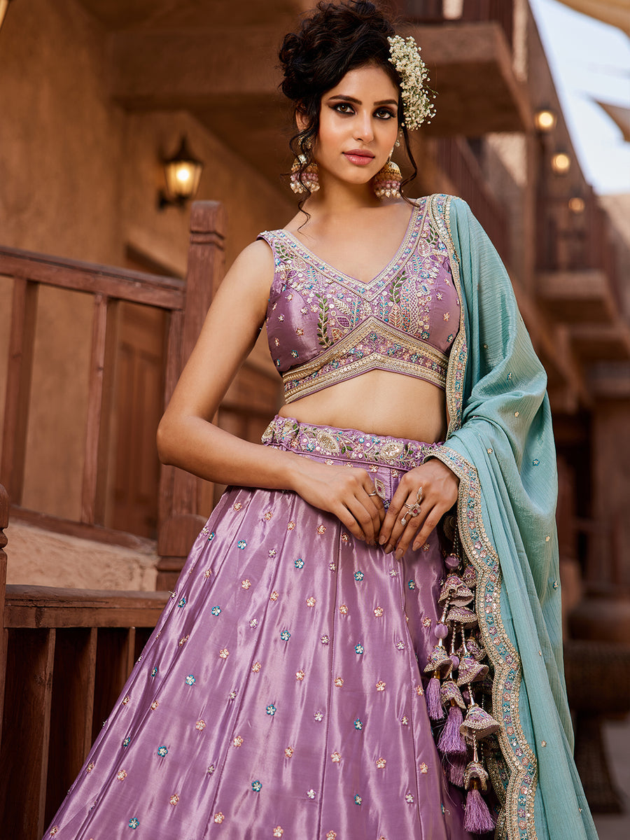 Satin Silk pink Fabric Sequins embroidery Semi-Stitched Lehenga choli & Dupatta lehenga