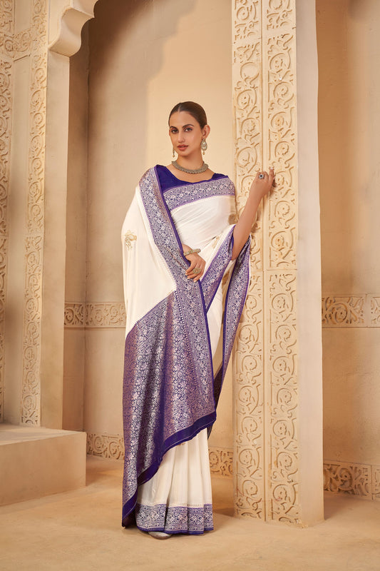 White Purple Mashru Silk Saree 6022