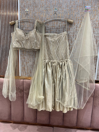 Beige Golden Crop Top Lehenga - Shopping World