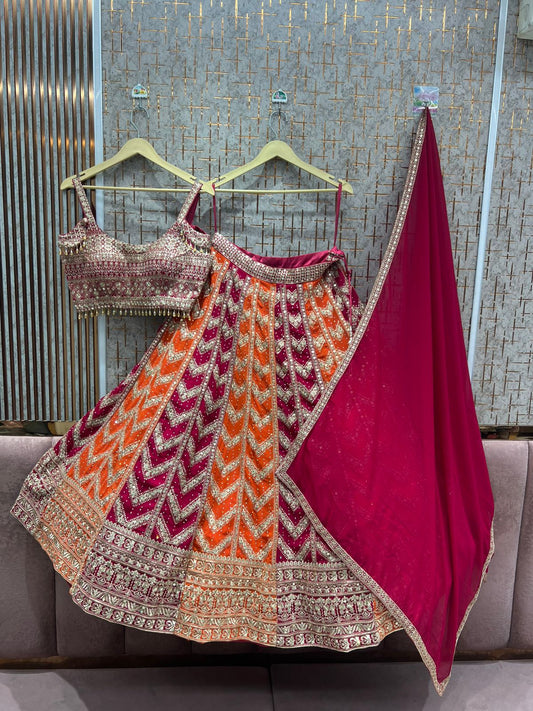 Hot Pink Orange Crop Top Lehenga - Shopping World