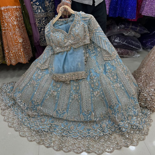 Sky Blue Big Flare Crop Top Lehenga