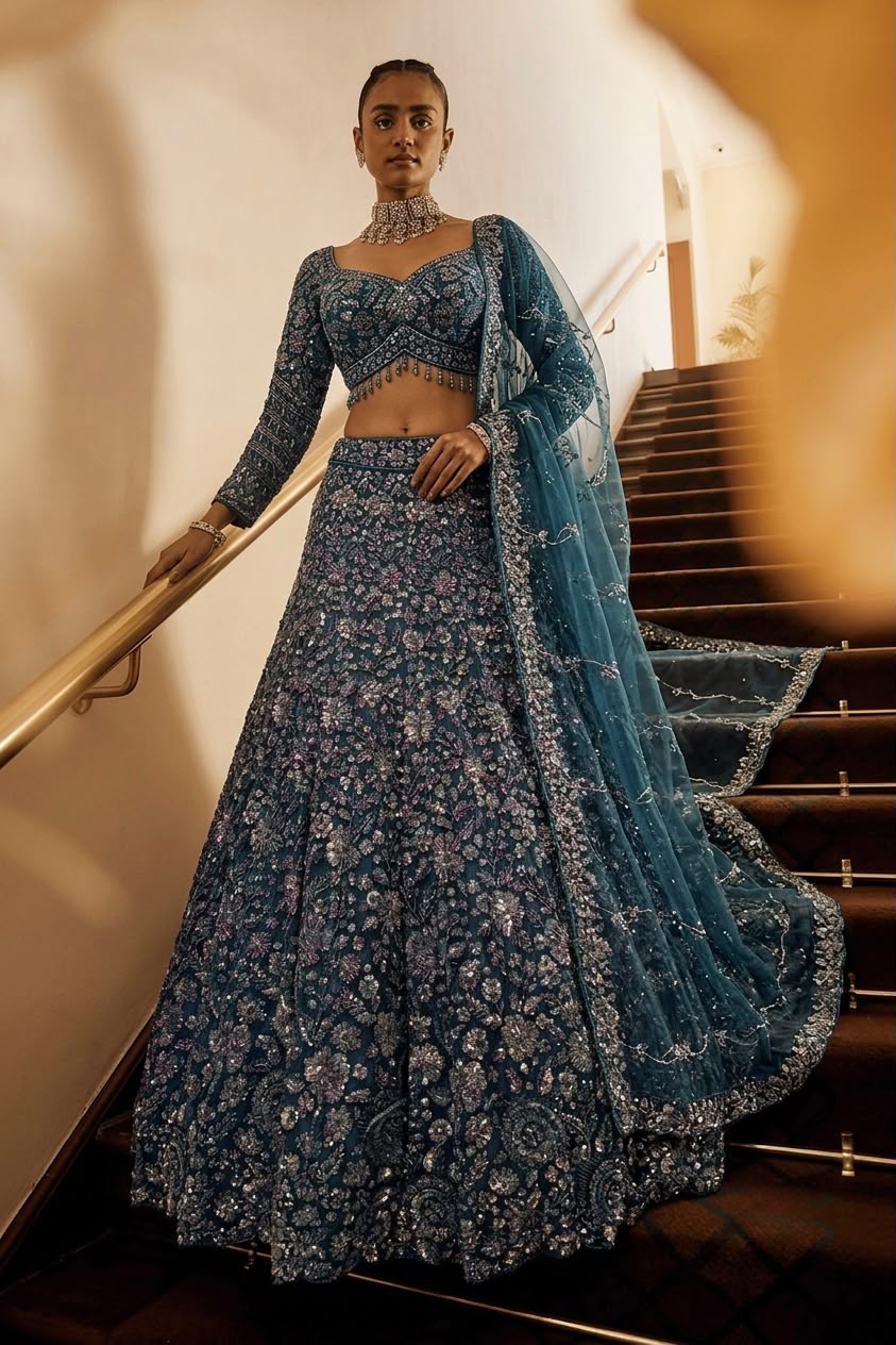 Sky Blue Crop Top Lehenga - Shopping World