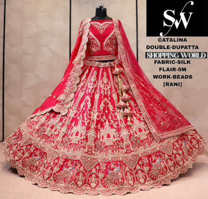Rasbari cherry pink silk double dupatta bridal Lehenga