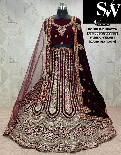 Cute maroon Velvet bridal Lehenga