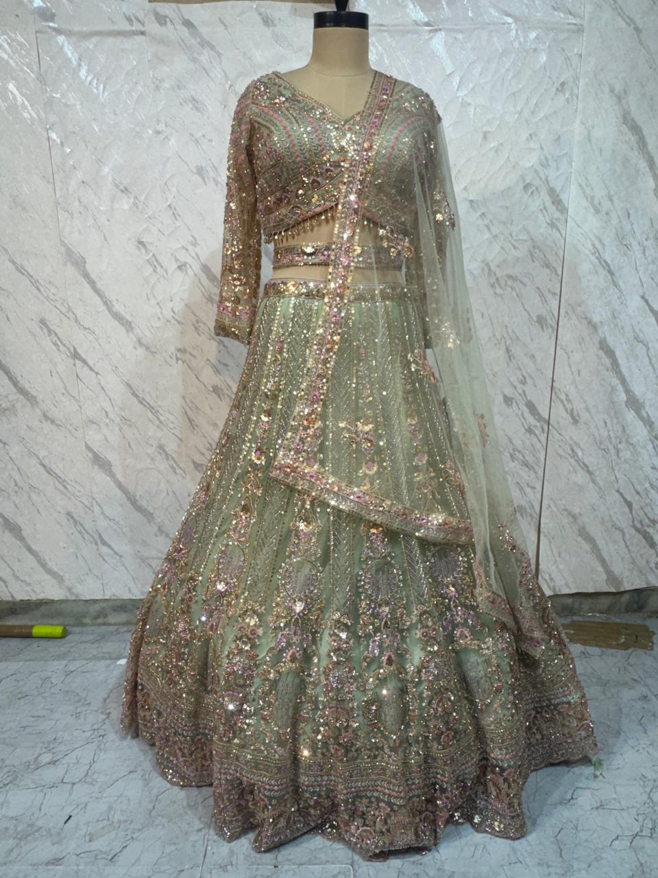 Stunning Beige Golden Crop top Lehenga