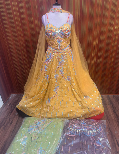 Yellow pista green lavender crop top lehenga