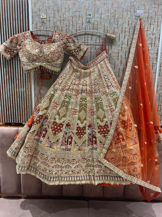 Rust Orange Peacock Crop Top Lehenga