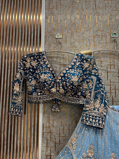 Engaging Sky blue Double Shade Crop top Lehenga