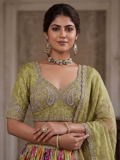 Green Tissue Fabric Bead Work Lehenga 1245