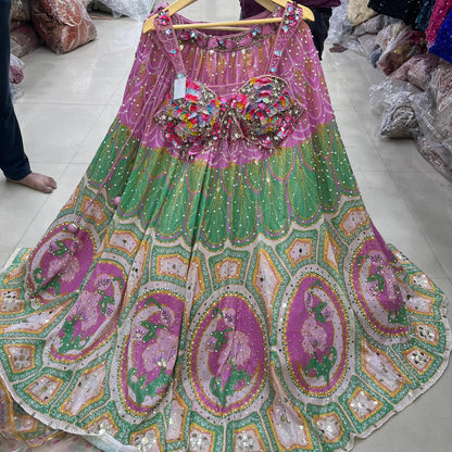 Amazing Pink Green Crop Top Lehenga