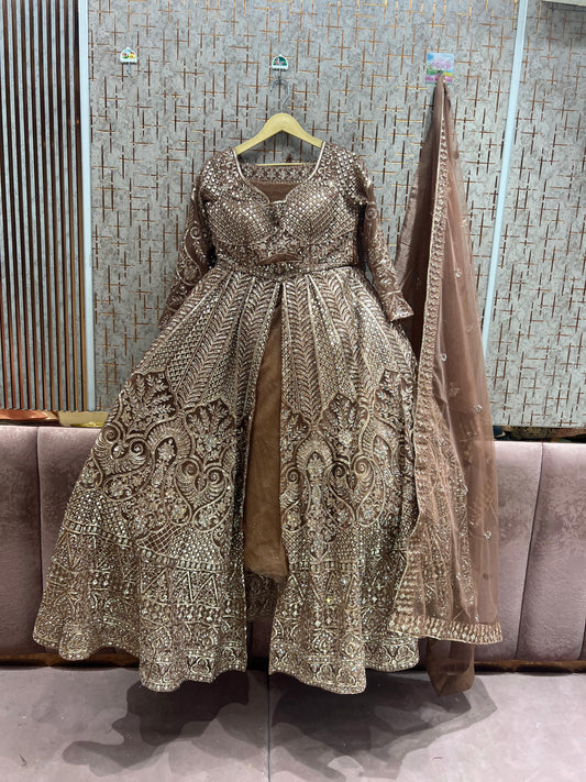 Rust Brown Farshi garara muslim Bride Long Indo Dress