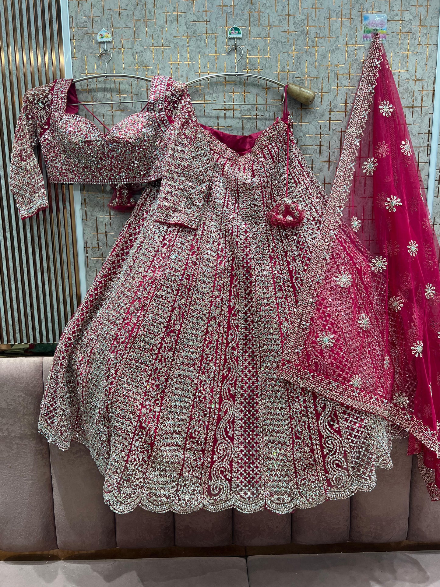 Attractive Hot pink Mirror work Crop Top Lehenga