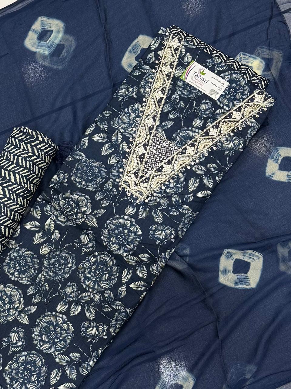 Designer Navy blue unstitched salwar suit dress material (free size)