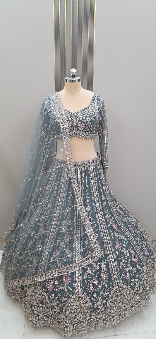 Pista Green Bird Print Crop Top Lehenga