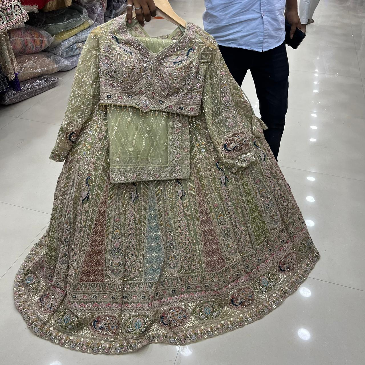 Pista Green Peacock Crop Top Lehenga