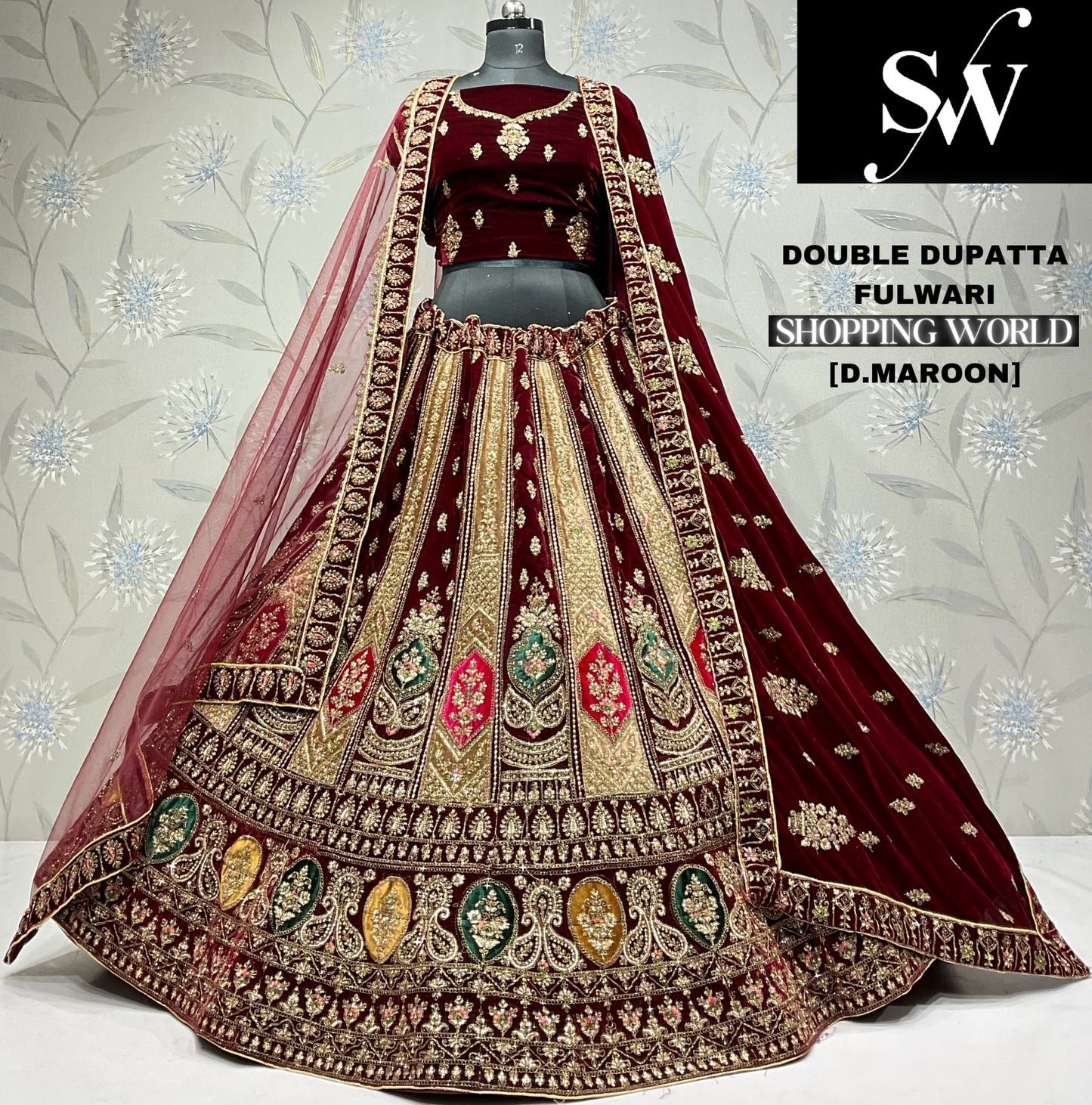 Pleasing maroon Velvet bridal Lehenga