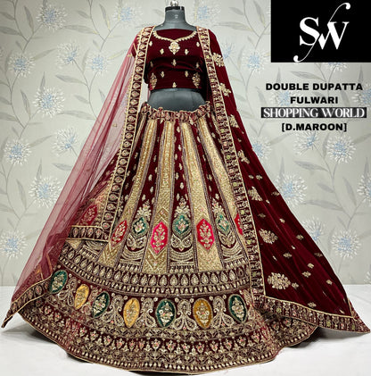 Pleasing maroon Velvet bridal Lehenga