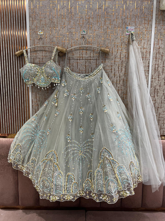 Grey Blue Crop Top Lehenga