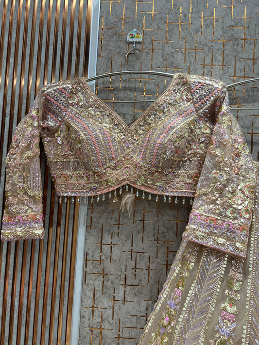 Lavishing Beige Golden Crop Top Lehenga