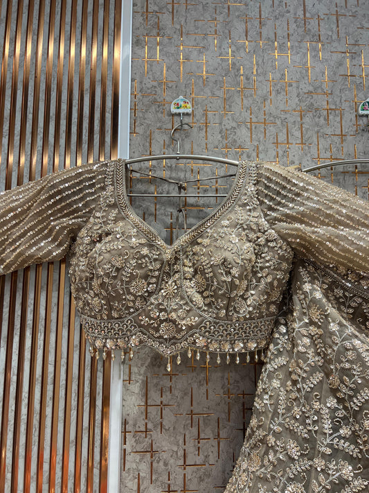 Designer Beige golden Fish Cut crop top Lehenga