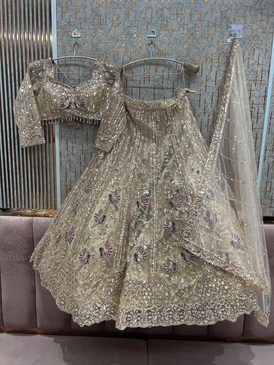 Beige Golden Peacock Crop Top Lehenga