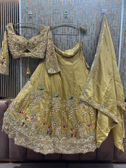 Yellow Haldi Mehendi peacock Crop Top Lehenga