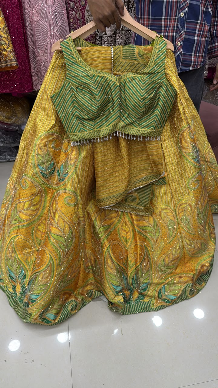 Pink Yellow Blue Double Shade Crop Top Lehenga