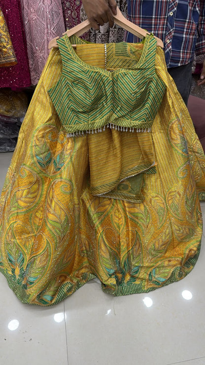 Pink Yellow Blue Double Shade Crop Top Lehenga