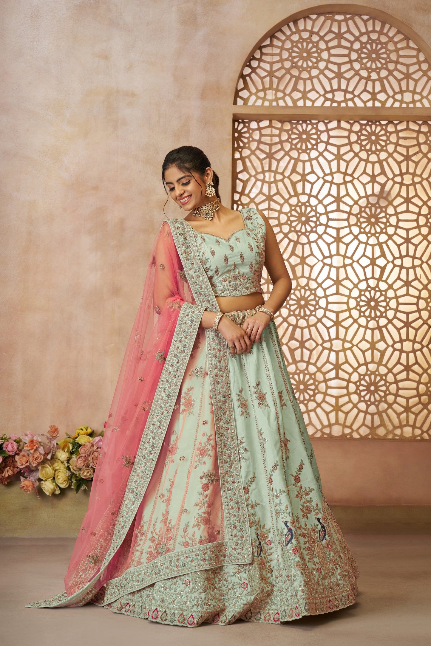 Elegant green peacock girlish lehenga 35