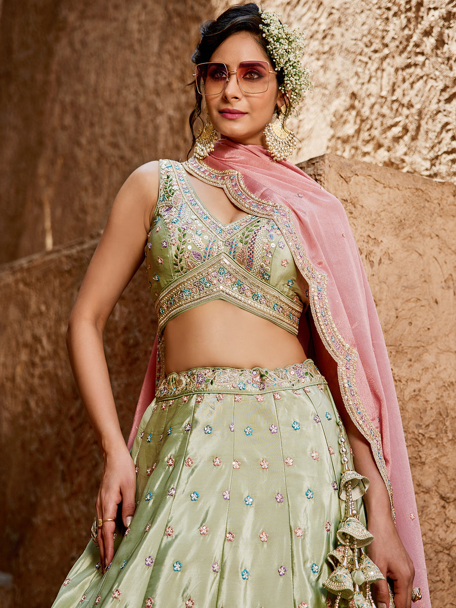 Satin Silk pink Fabric Sequins embroidery Semi-Stitched Lehenga choli & Dupatta lehenga
