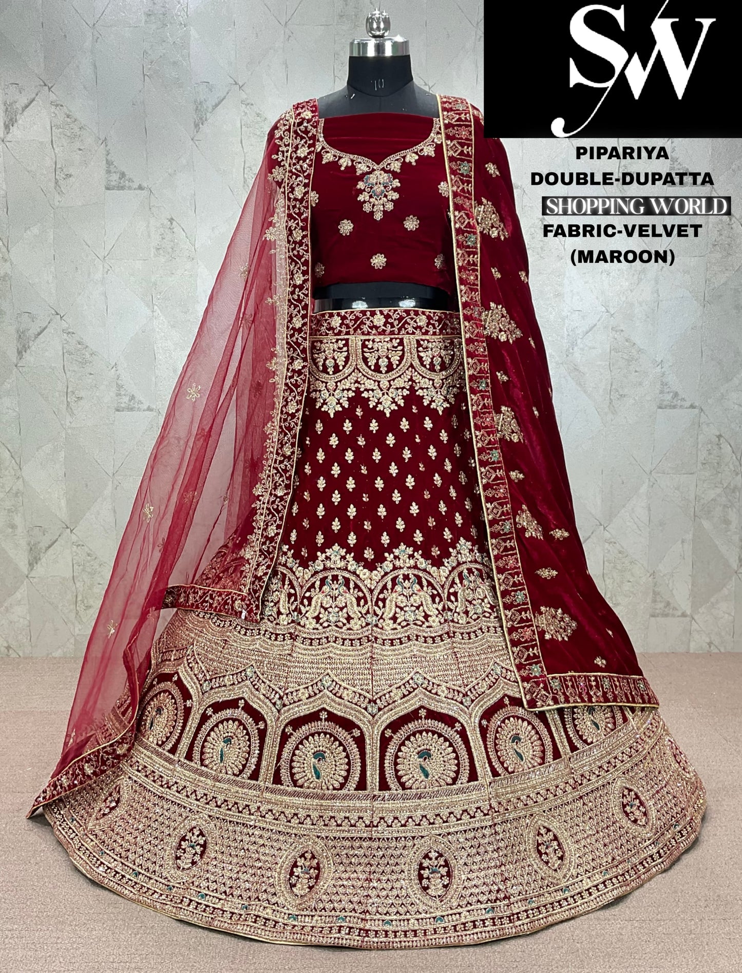 Astonishing dark maroon Velvet bridal Lehenga