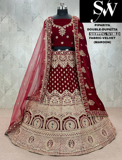 Astonishing dark maroon Velvet bridal Lehenga