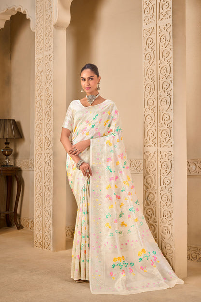 White Tussar Silk Saree 6053