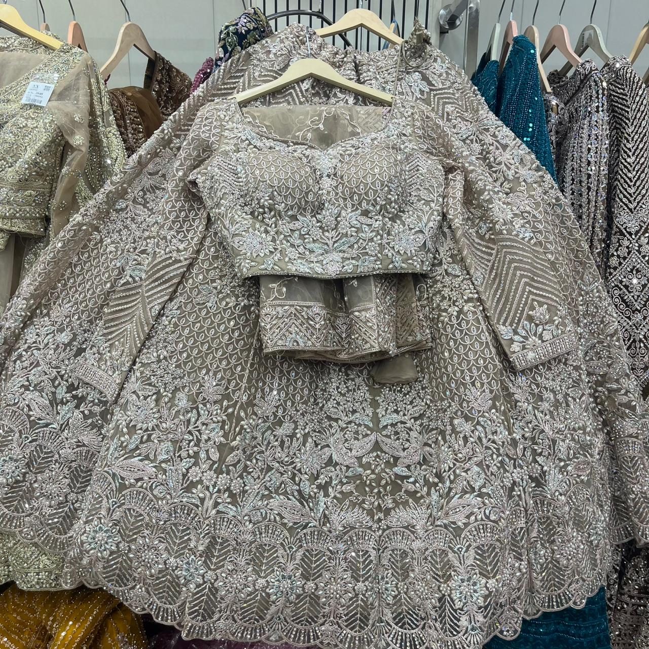 Beige Golden crop Top Lehenga