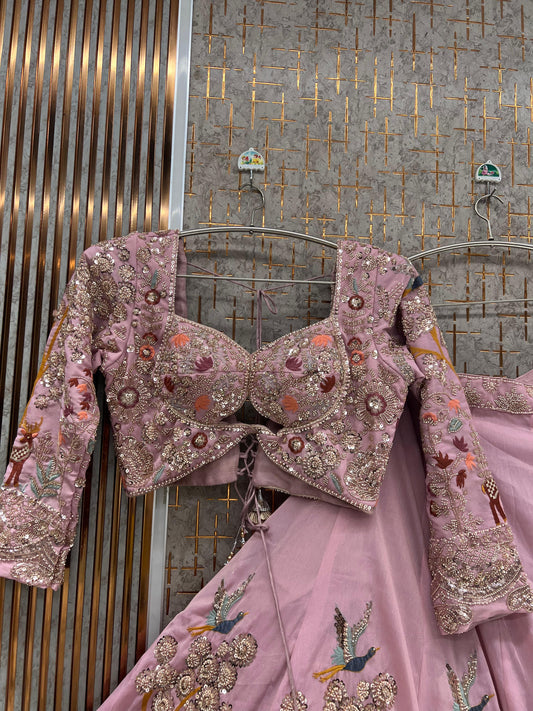 Baby Pink Peacock Crop Top Lehenga