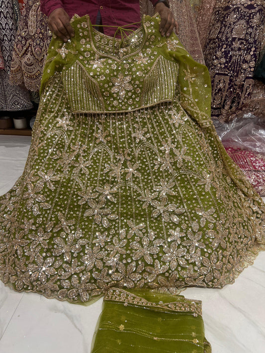 Green Floral Crop Top Lehenga - Shopping World