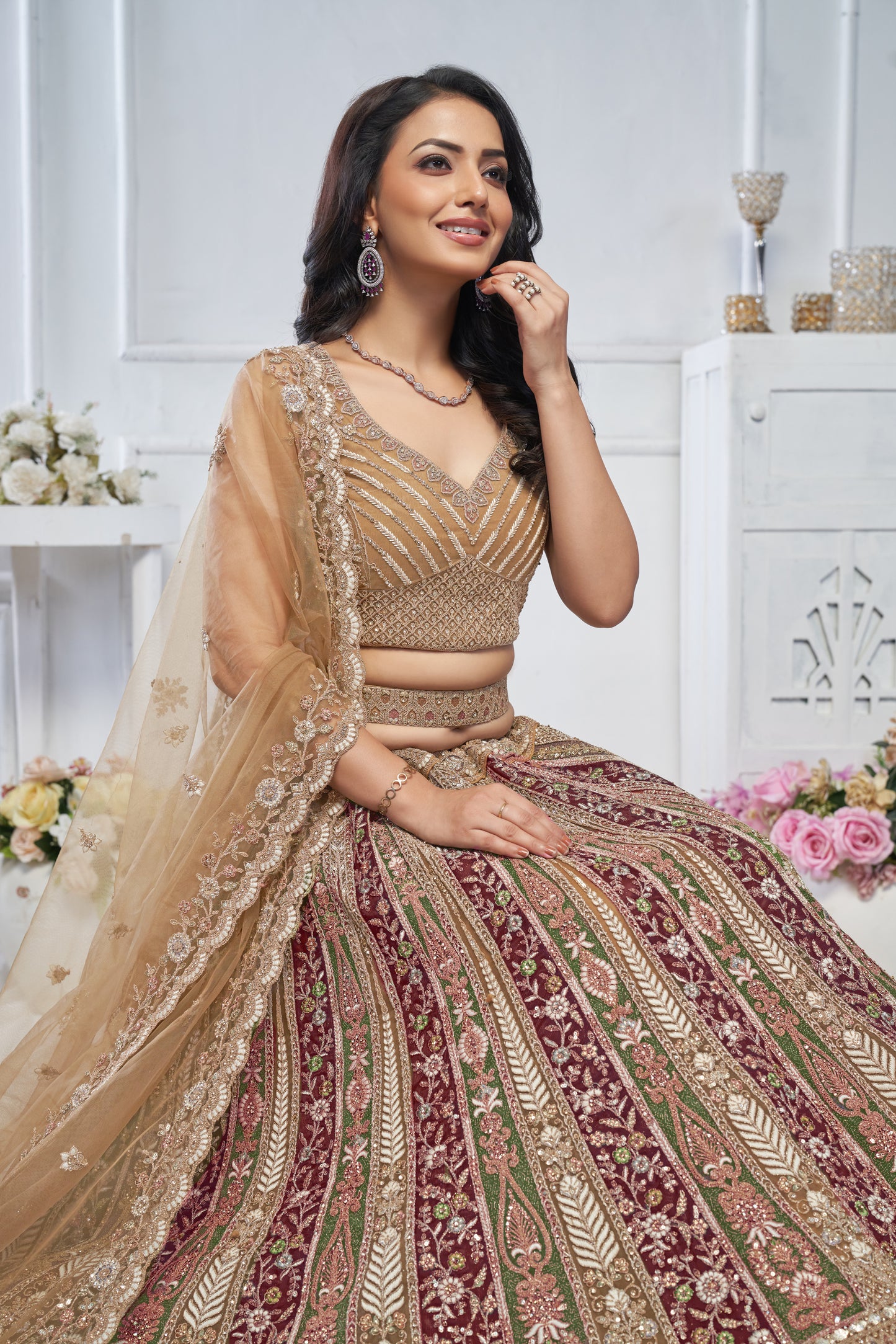 Engaging brown maroon lehenga