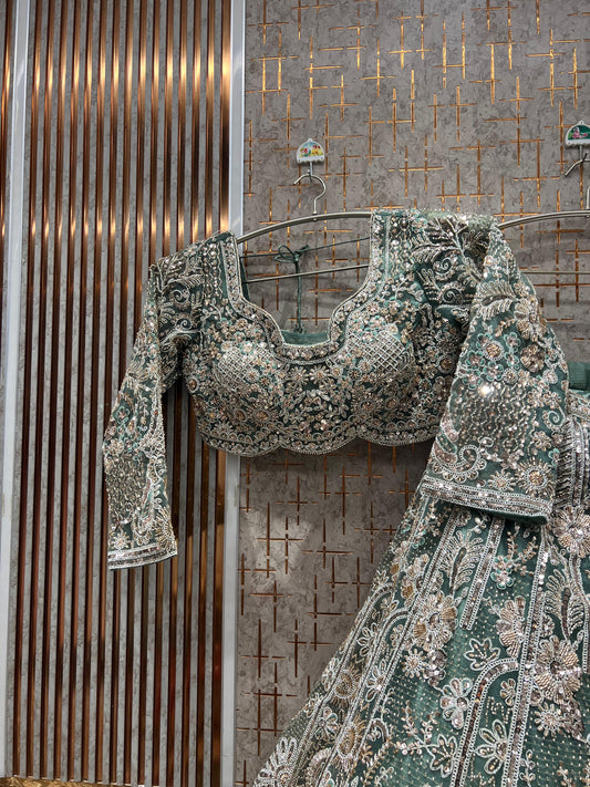 Astonishing Light Rama green Crop Top Lehenga